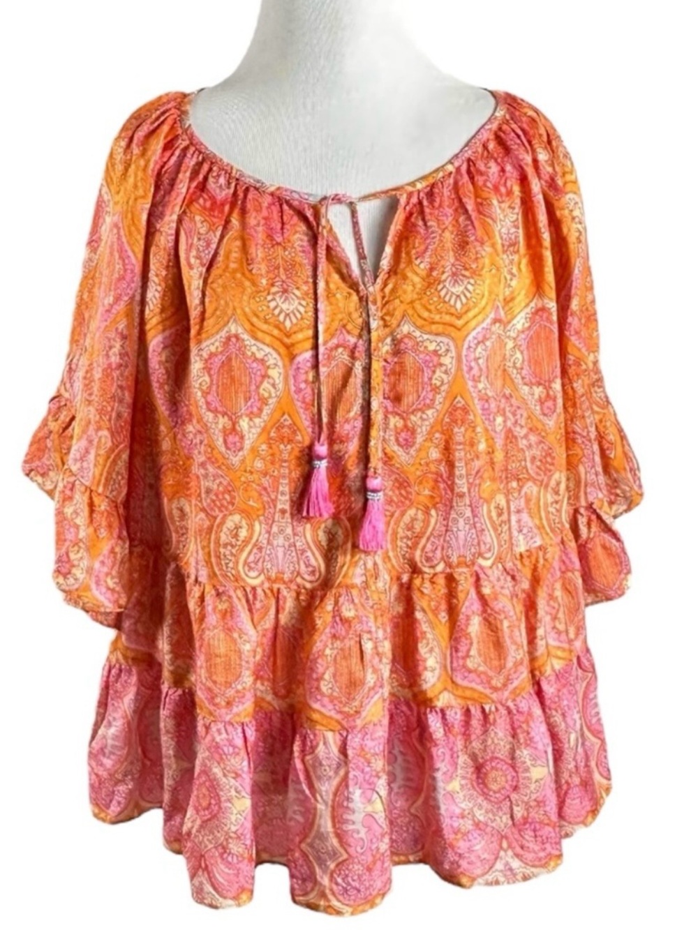 Calypso St. Barth Espazi Printed Silk Flutter Sleeve Top Large Resort Bohemian